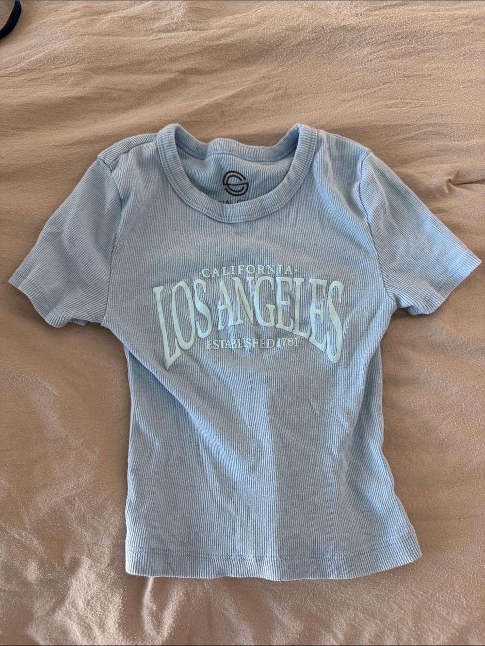 Light Blue "Los Angeles" Ribbed Tee - Casual Short Sleeve Top